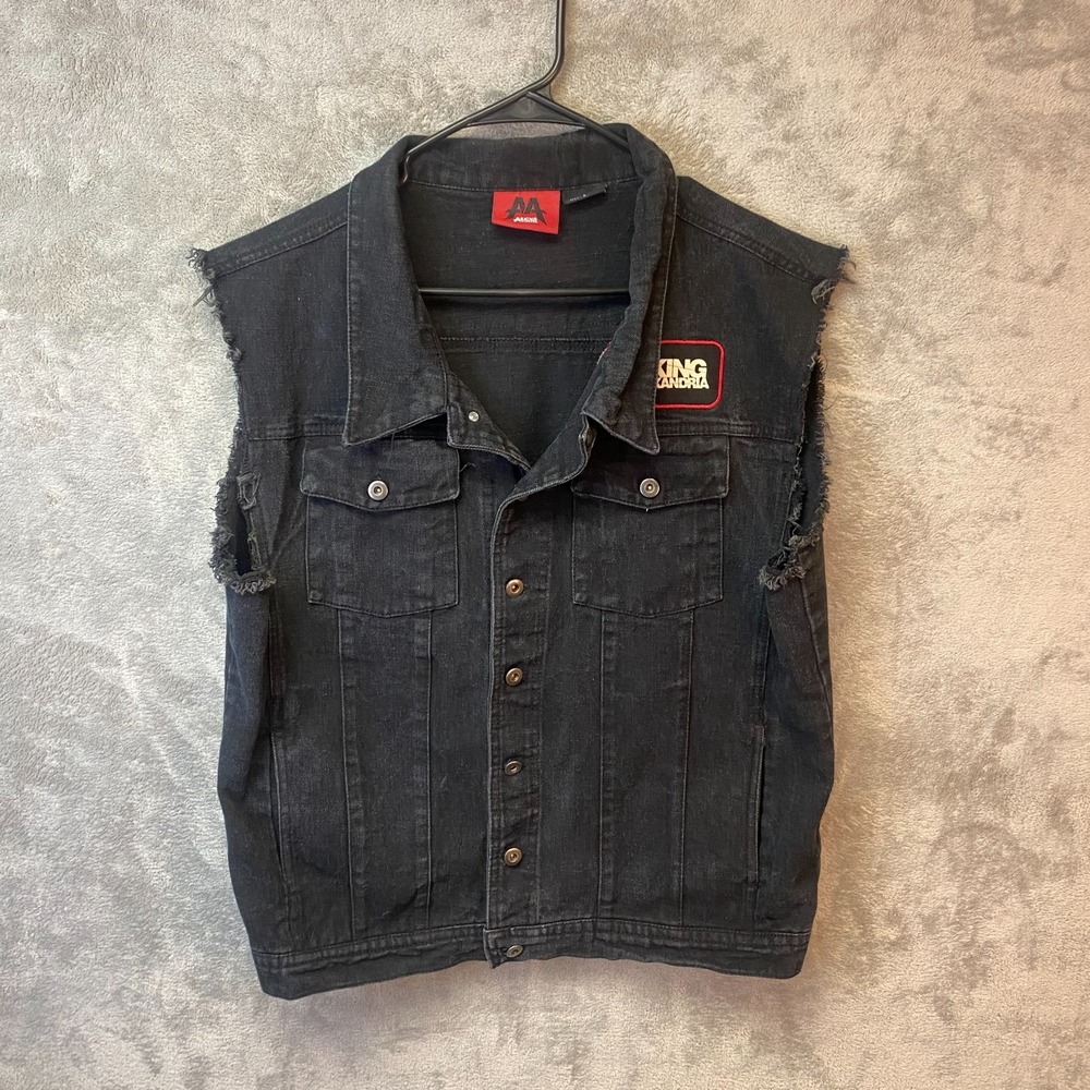 Asking Alexandria Black Denim Vest Large Band Jacket Cut Off Union Jack Back Pat